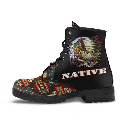 WelcomeNative Black Pattern Native Leather Boots, 3D Shoes, All Over Print Shoes