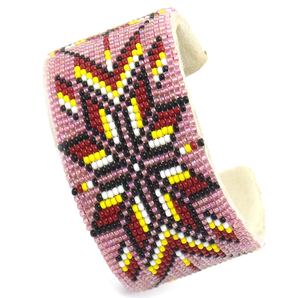 Pink red handmade beaded Cuff leather bracelet B40/1- Beaded Bracelets - Welcome Native