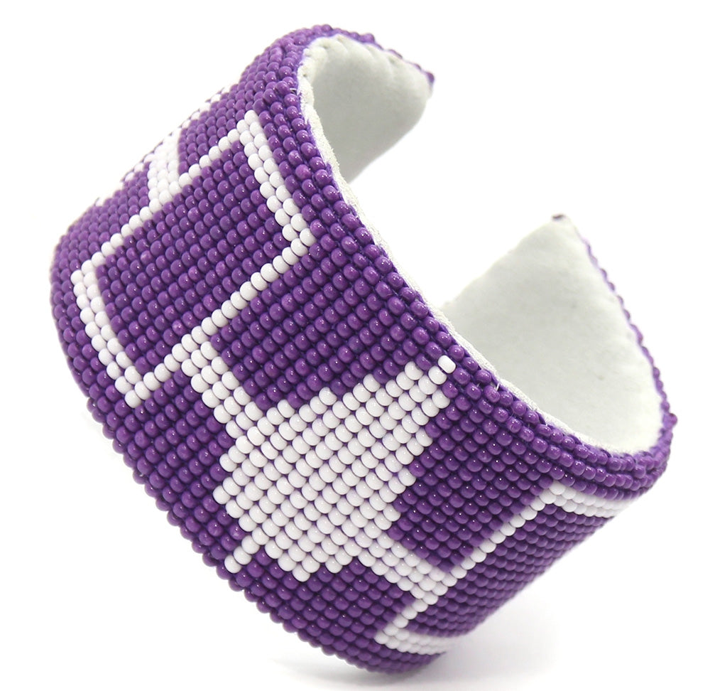 Purple White Seed Beads Hiawatha Beadwork Beaded Bracelet Leather - Beaded Bracelets - Welcome Native