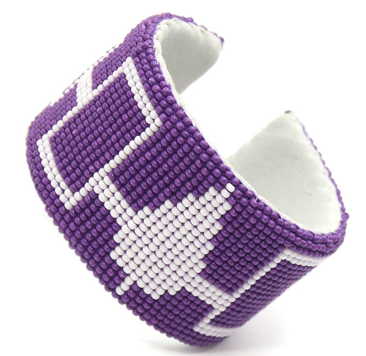 Purple White Seed Beads Hiawatha Beadwork Beaded Bracelet Leather - Beaded Bracelets - Welcome Native