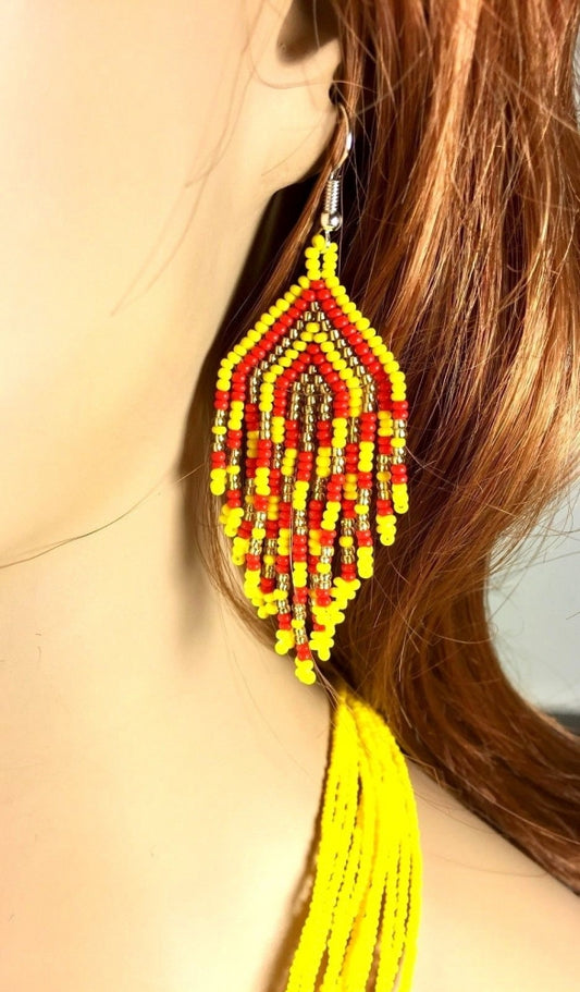 Handmade beaded Yellow Red layered Native style Necklace earrings set - Welcome Native