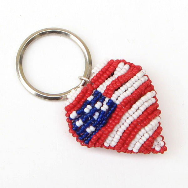 Red Blue White Seed Beaded Flag Heart Beadwork Keyring Charms - Welcome Native