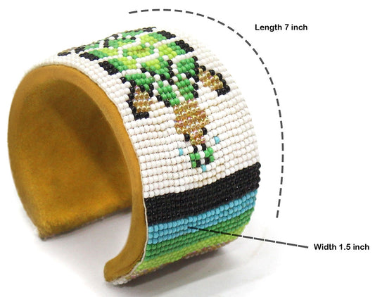 WelcomeNative Handmade Beaded White Green Turtle Pattern Leather Bracelet