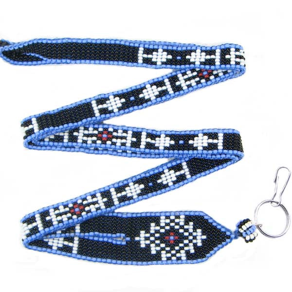 Black White Blue Seed Beaded Medicine Man'S Eye Beadwork Lanyard Id Holder - Welcome Native