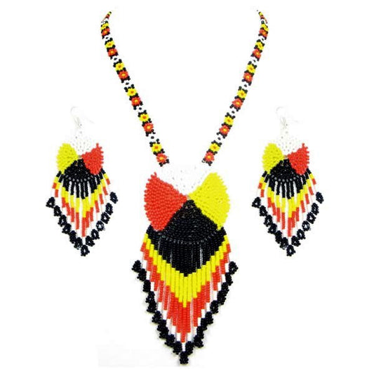 Black Yellow Red Black Seed Beaded Medicine Wheel Necklace Earrings Set - Welcome Native
