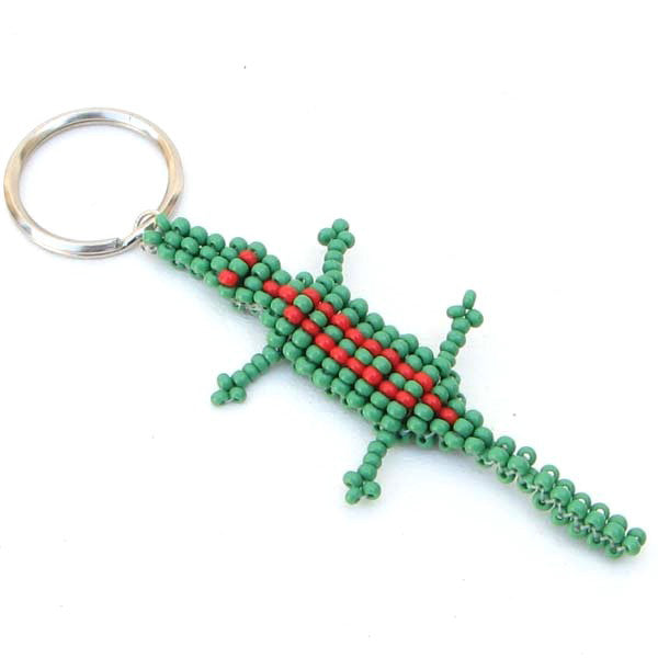 Crocodile Beadwork Green Red Seed Beaded Key Ring Charm Handmade - Welcome Native