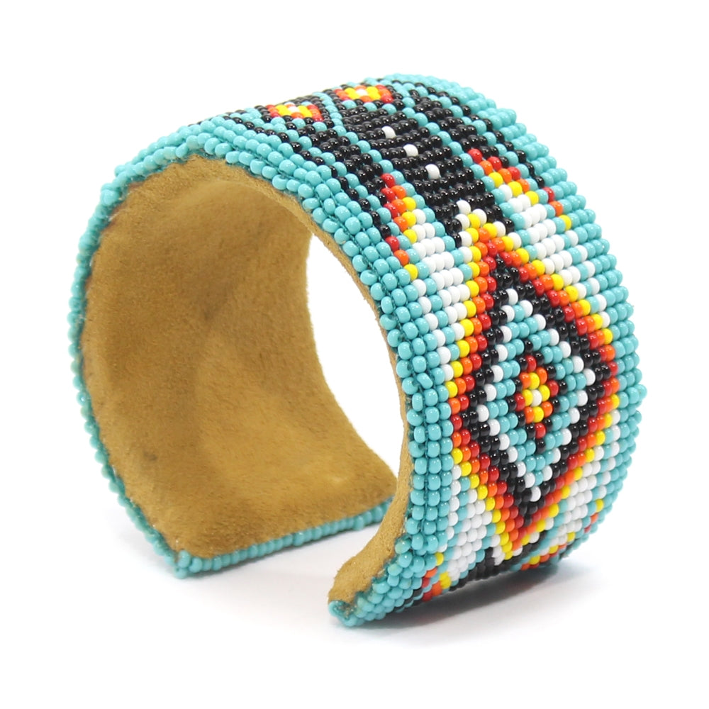 Turquoise Blue Seed Bead Bracelet Hard Cuff Leather Wide B53/6- Beaded Bracelets - Welcome Native