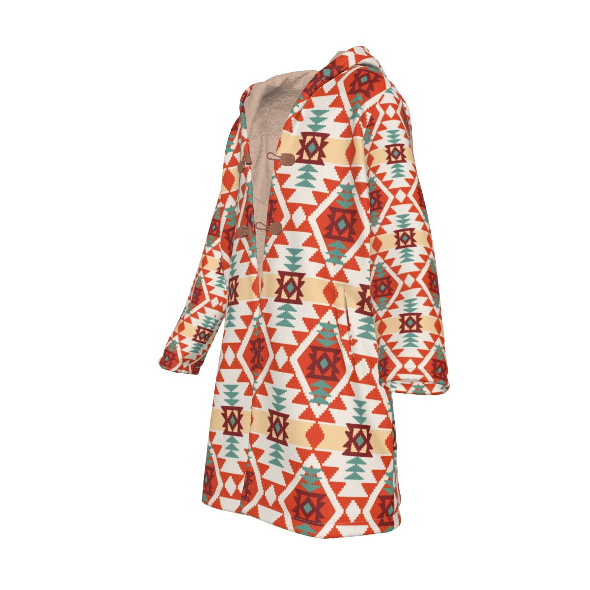 WelcomeNative Native American Horn Button Long Fleece Windbreaker, 3D Long Coat, All Over Print