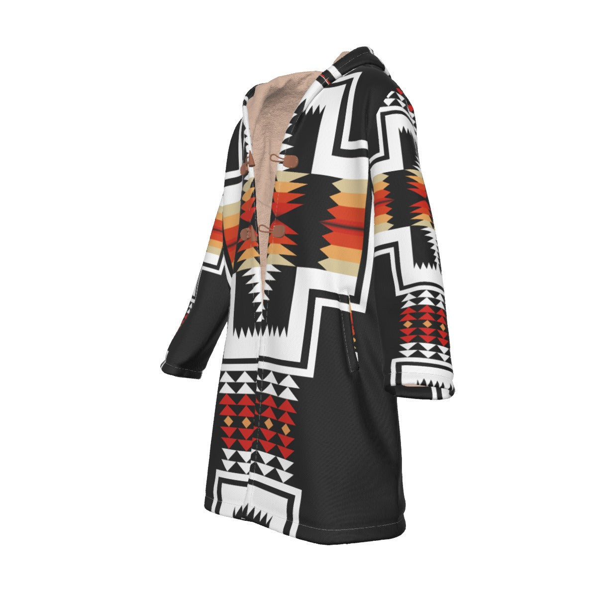 WelcomeNative Native American Horn Button Long Fleece Windbreaker, 3D Long Coat, All Over Print
