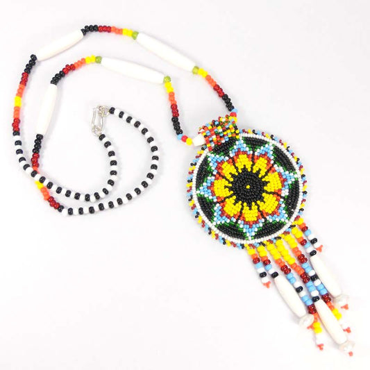 Black Yellow Seed Bead Long Star Medallion Handmade Necklace Earrings Set - Welcome Native