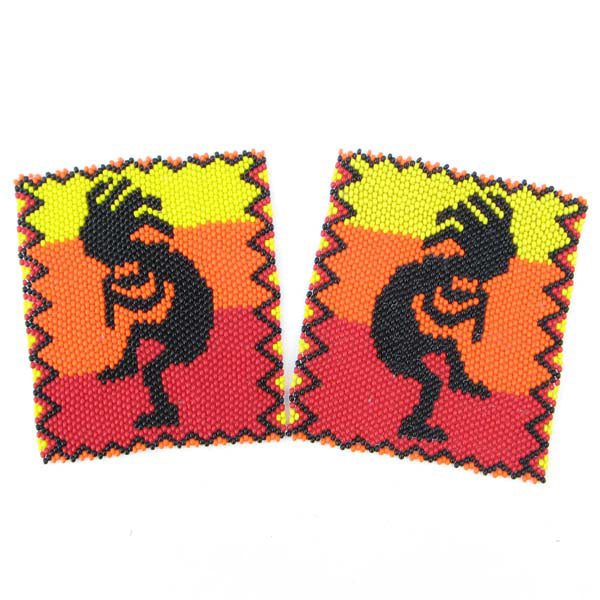 Fire Pattern Black Kokopelli Beadwork Beaded Coaster Rosette 2 Piece - Welcome Native