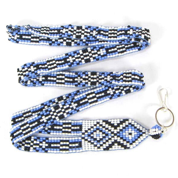 Blue White Black Geometric Art Beaded Lanyard Beadwork - Welcome Native
