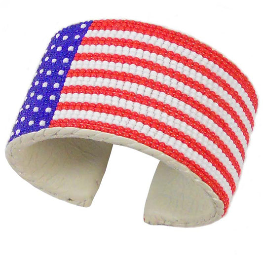 Blue White Red Seed Beaded American Patriotic Beadwork Bracelet Leather - Beaded Bracelets - Welcome Native