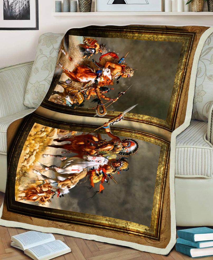 WelcomeNative Wariors Fleece Blanket, 3D Fleece Blanket, All Over Print, Native American