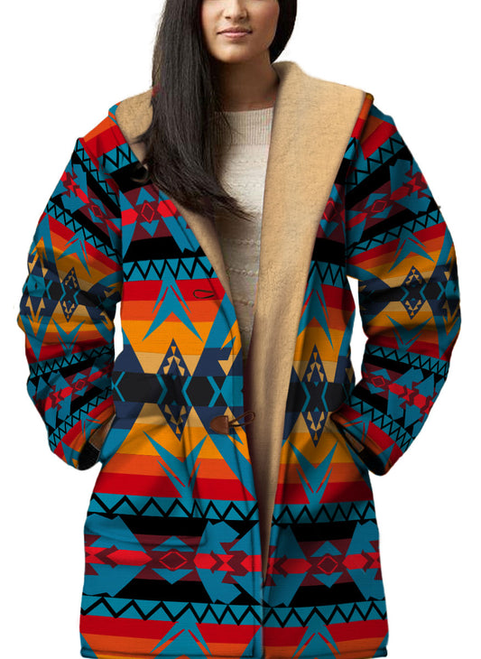 WelcomeNative Native American Horn Button Long Fleece Windbreaker, 3D Long Coat, All Over Print