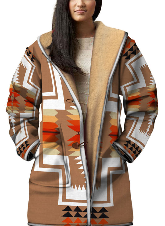 WelcomeNative Native American Horn Button Long Fleece Windbreaker, 3D Long Coat, All Over Print