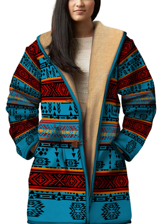 WelcomeNative Native American Horn Button Long Fleece Windbreaker, 3D Long Coat, All Over Print