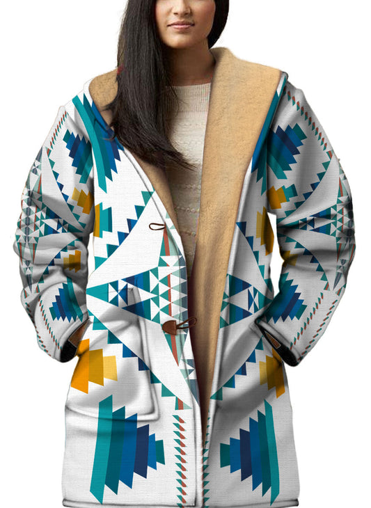 WelcomeNative Native American Horn Button Long Fleece Windbreaker, 3D Long Coat, All Over Print