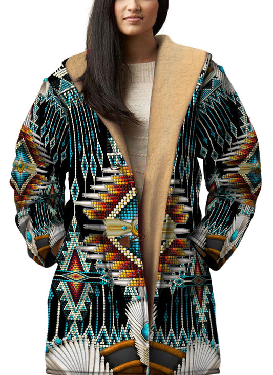 WelcomeNative Native American Horn Button Long Fleece Windbreaker, 3D Long Coat, All Over Print