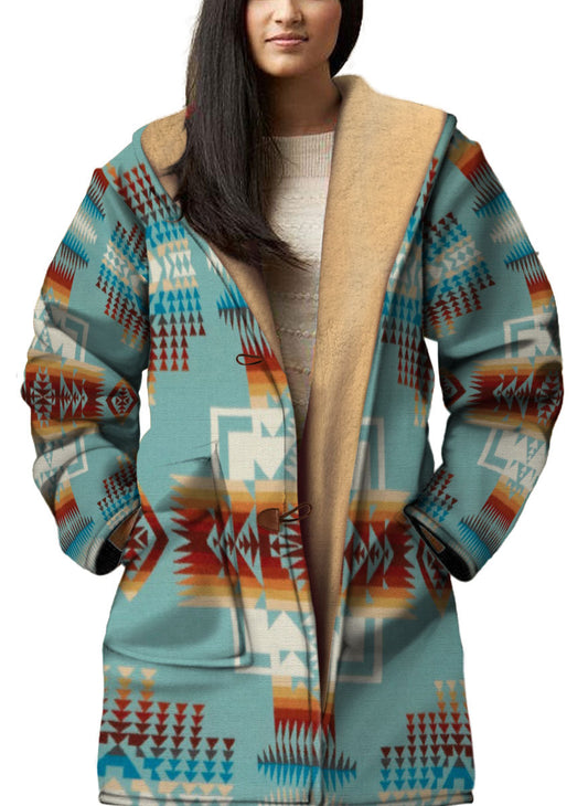 WelcomeNative Native American Horn Button Long Fleece Windbreaker, 3D Long Coat, All Over Print