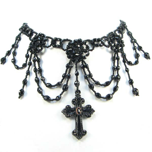 Black Victorian Grand Cross Beaded Choker Necklace - Welcome Native