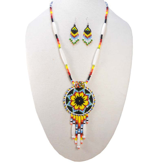 Black Yellow Seed Bead Long Star Medallion Handmade Necklace Earrings Set - Welcome Native