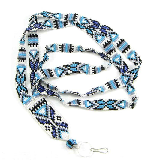 Blue White Black Geometric Art Beaded Lanyard Id Holder Handmade - Welcome Native