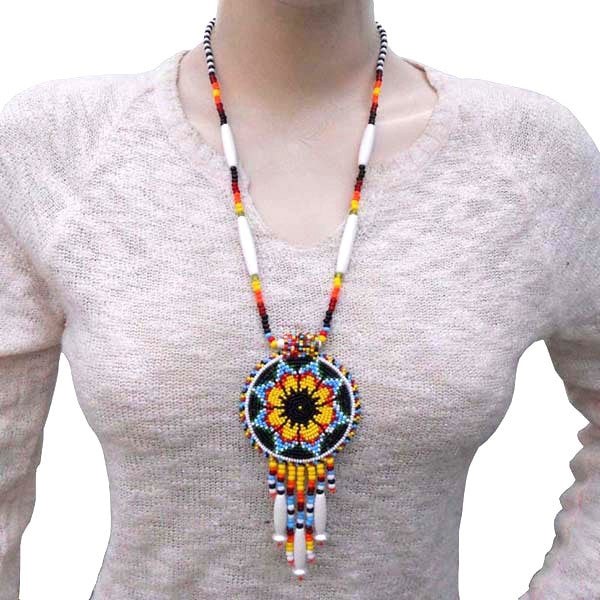 Black Yellow Seed Bead Long Star Medallion Handmade Necklace Earrings Set - Welcome Native
