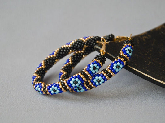 WelcomeNative Big Beaded Hoop Earrings Black And Blue Hoops