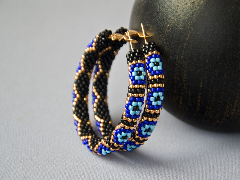WelcomeNative Big Beaded Hoop Earrings Black And Blue Hoops
