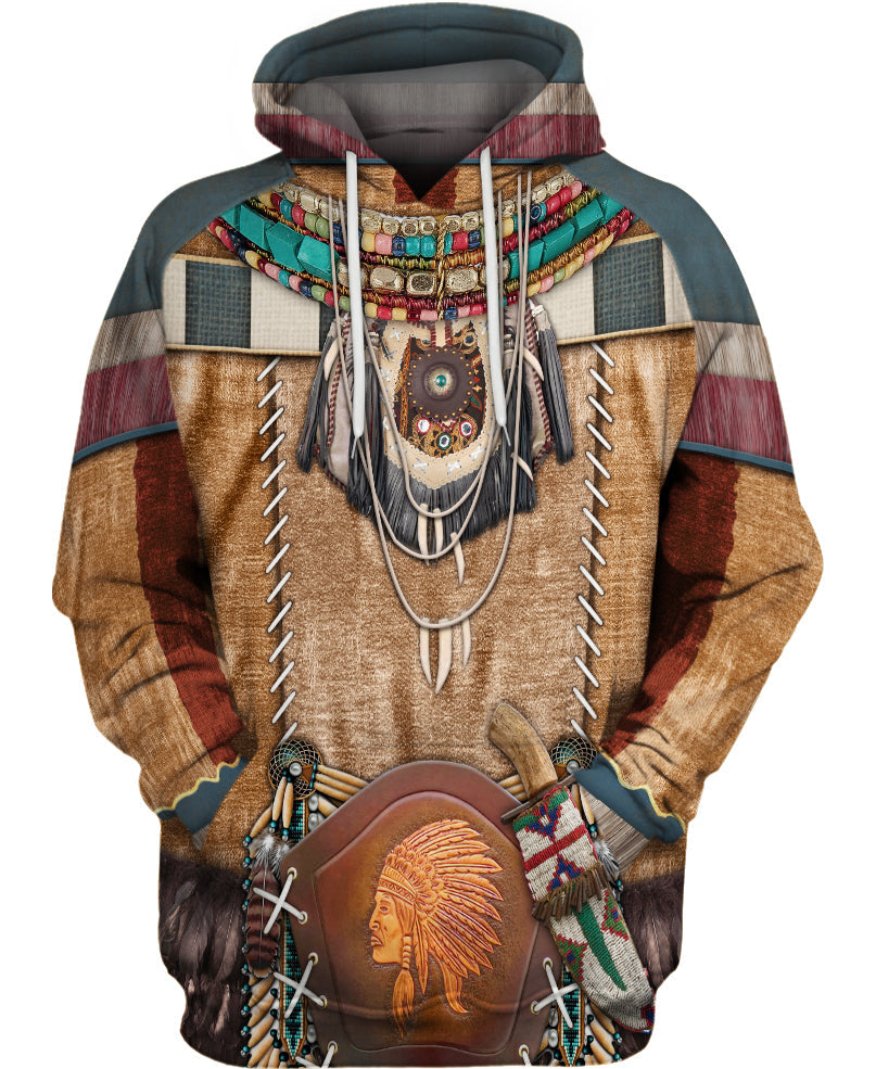 WelcomeNative Brown Pattern Warrior Style Native American 3D Hoodie, All Over Print Hoodie