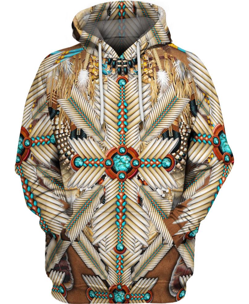 WelcomeNative Brown White Bead Feather 3D Hoodie, All Over Print Hoodie, Native American