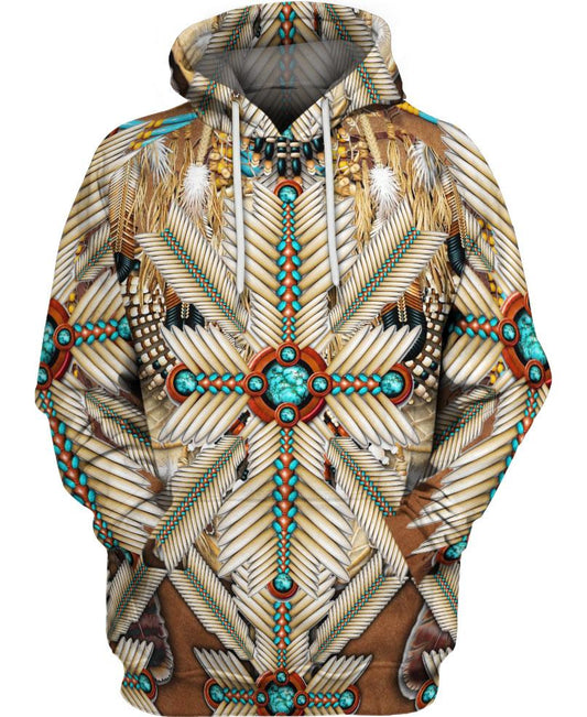 WelcomeNative Brown White Bead Feather 3D Hoodie, All Over Print Hoodie, Native American