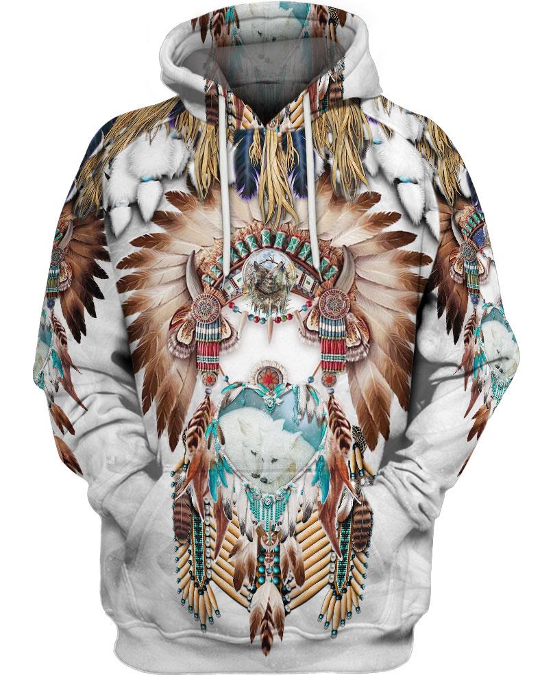 WelcomeNative White Wolf Pattern 3D Hoodie, All Over Print Hoodie, Native American