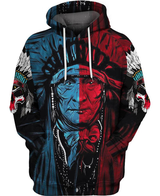 WelcomeNative Blue Red Native Chief 3D Hoodie, All Over Print Hoodie, Native American