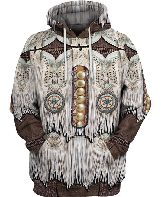 WelcomeNative White Brown Printed Fringe Pattern 3D Hoodie, All Over Print Hoodie, Native American
