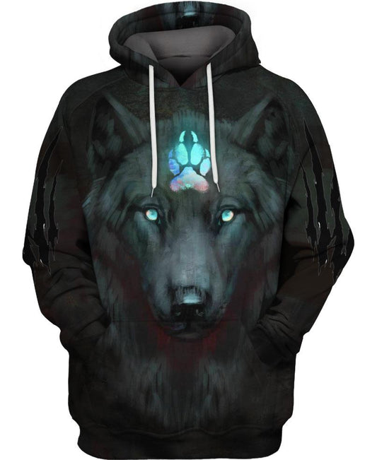 WelcomeNative Black Wolf Blue Claw 3D Hoodie, All Over Print Hoodie, Native American