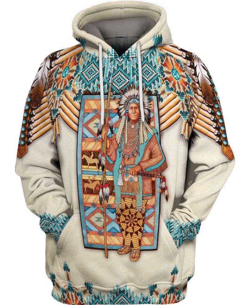 WelcomeNative White Bead Native Chief 3D Hoodie, All Over Print Hoodie, Native American