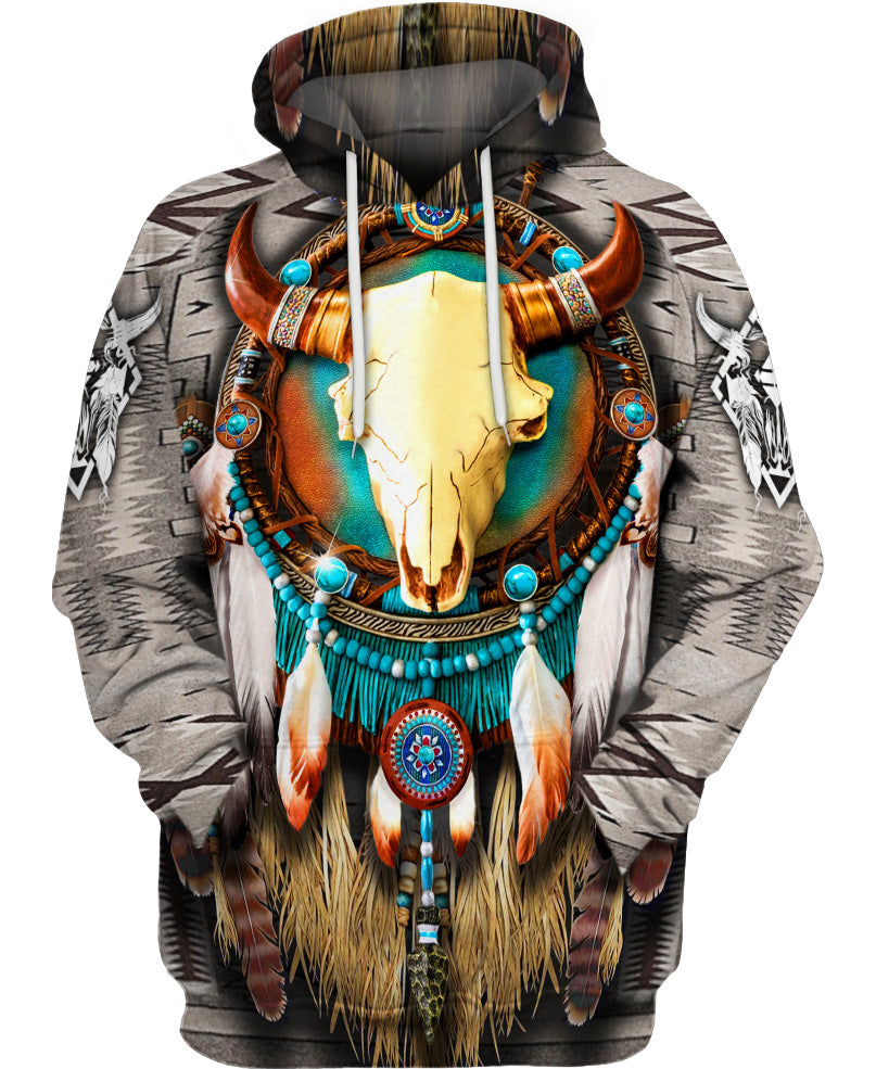 WelcomeNative Butterfly & Buffalo Skull 3D Hoodie, All Over Print Hoodie, Native American