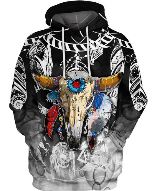 WelcomeNative Colorful Buffalo Skull 3D Hoodie, All Over Print Hoodie, Native American