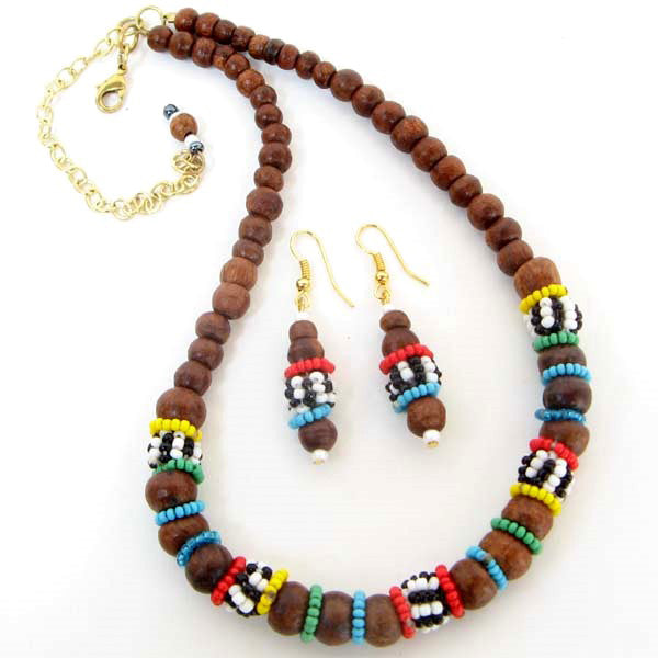 Brown Wooden Kids Beaded Necklace Earrings Set Handmade - Welcome Native