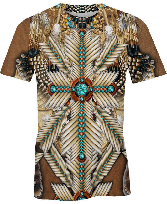WelcomeNative Brown White Bead Feather, 3D T Shirt, All Over Print T Shirt, Native American