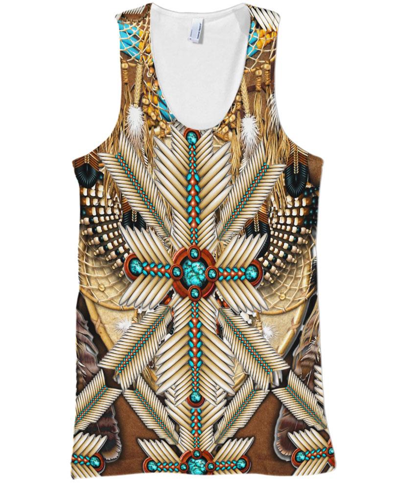 WelcomeNative Brown White Bead Feather 3D Hoodie, All Over Print Hoodie, Native American