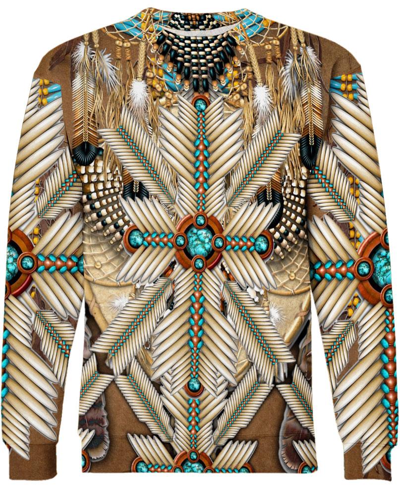 WelcomeNative Brown White Bead Feather 3D Hoodie, All Over Print Hoodie, Native American
