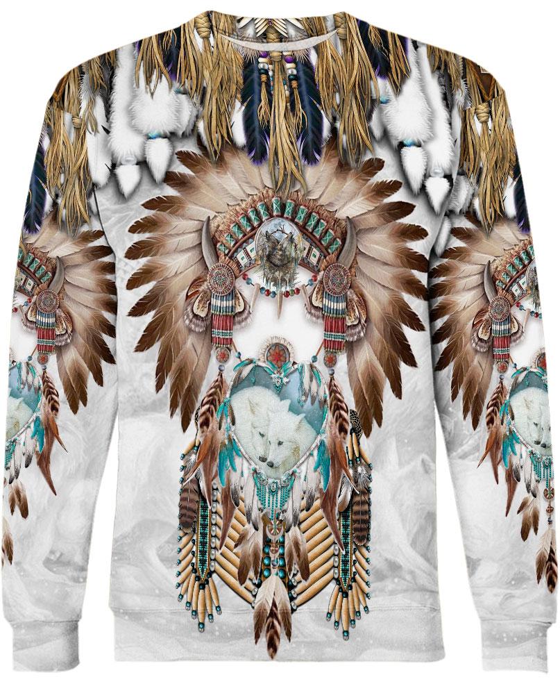 WelcomeNative White Wolf Pattern 3D Hoodie, All Over Print Hoodie, Native American