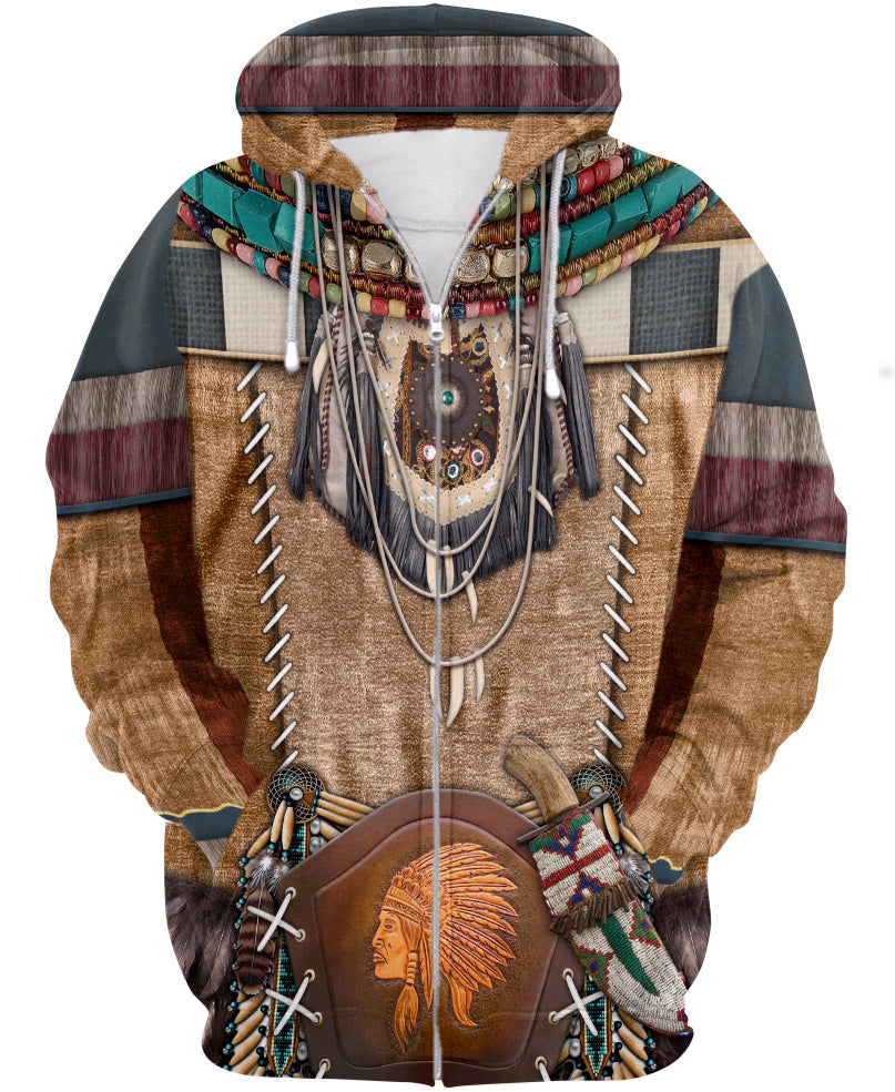 WelcomeNative Brown Pattern Warrior Style Native American 3D Hoodie, All Over Print Hoodie