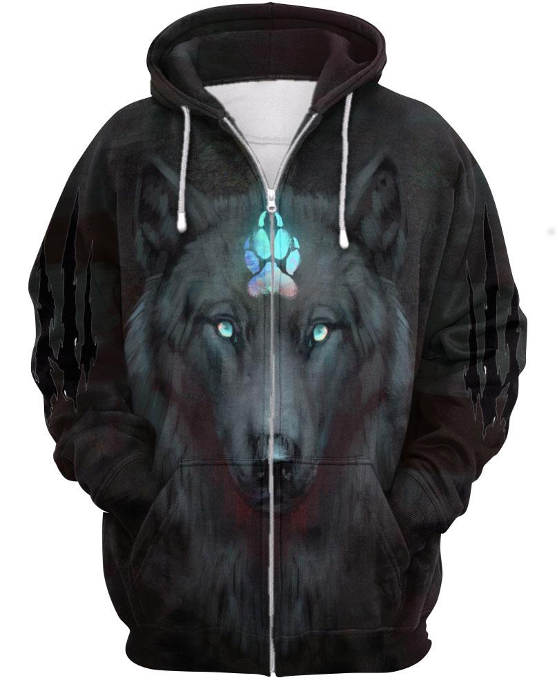 WelcomeNative Black Wolf Blue Claw 3D Hoodie, All Over Print Hoodie, Native American