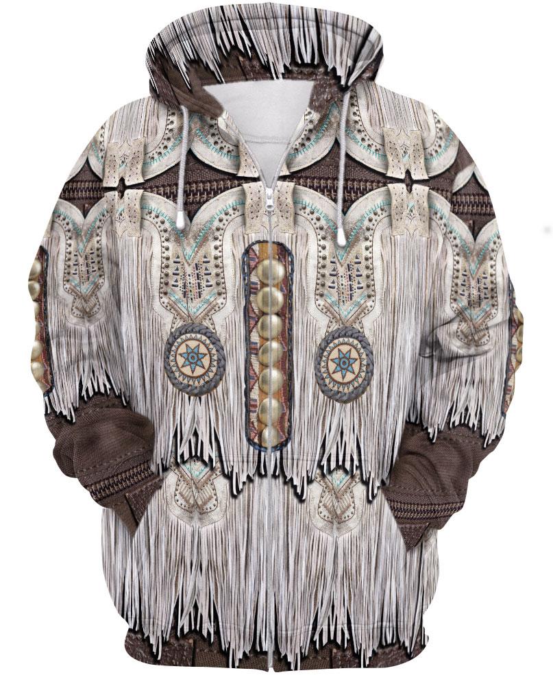 WelcomeNative White Brown Printed Fringe Pattern 3D Hoodie, All Over Print Hoodie, Native American