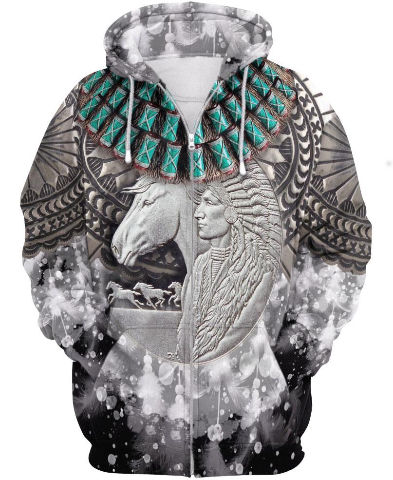 WelcomeNative Silver Native Statue 3D Hoodie, All Over Print Hoodie, Native American