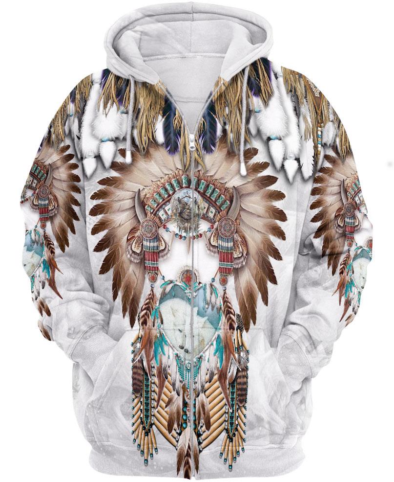 WelcomeNative White Wolf Pattern 3D Hoodie, All Over Print Hoodie, Native American